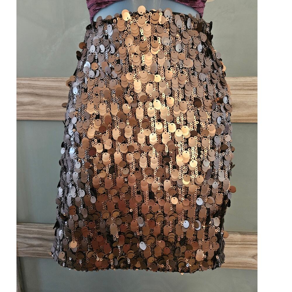 DKNY Jeans Copper Sequin Paillette Mini Skirt 32W 18L Super Nice!! -86